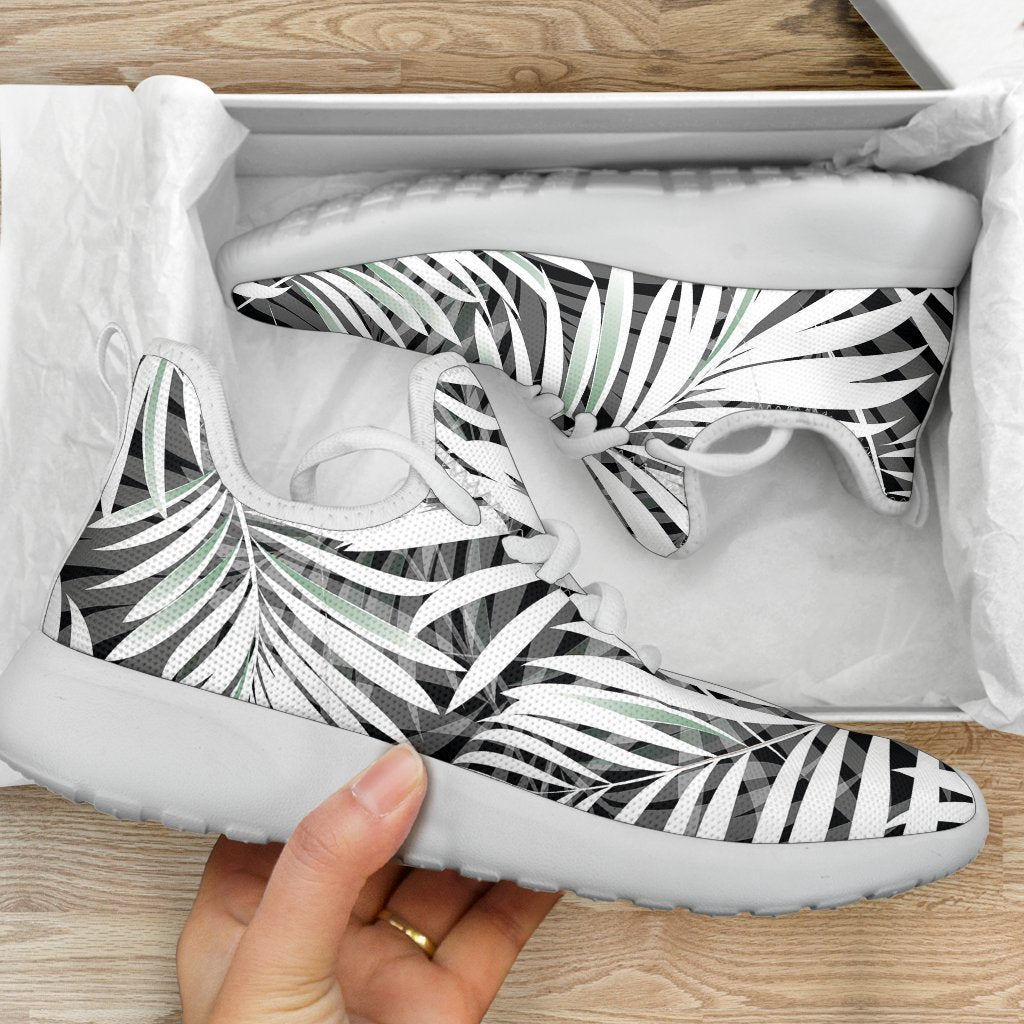 Black White Tropical Leaf Pattern Print Mesh Knit Shoes GearFrost
