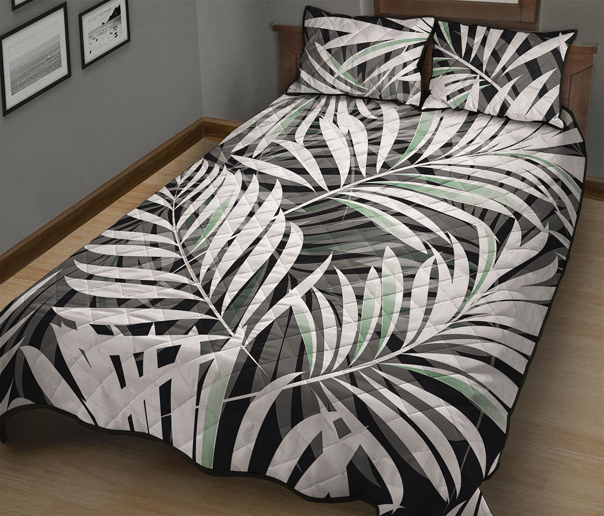 Black White Tropical Leaf Pattern Print Quilt Bed Set