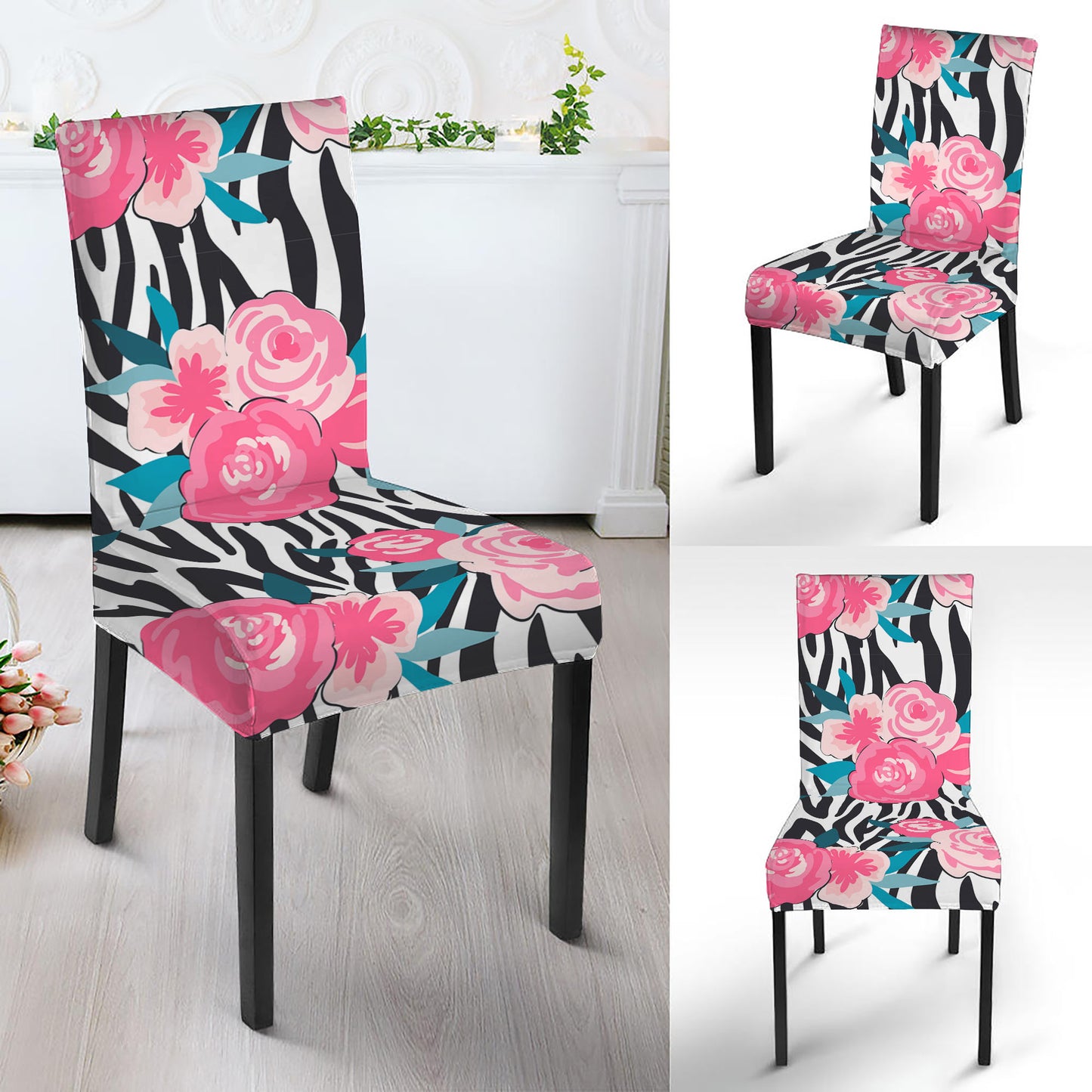 Black White Zebra Floral Pattern Print Dining Chair Slipcover