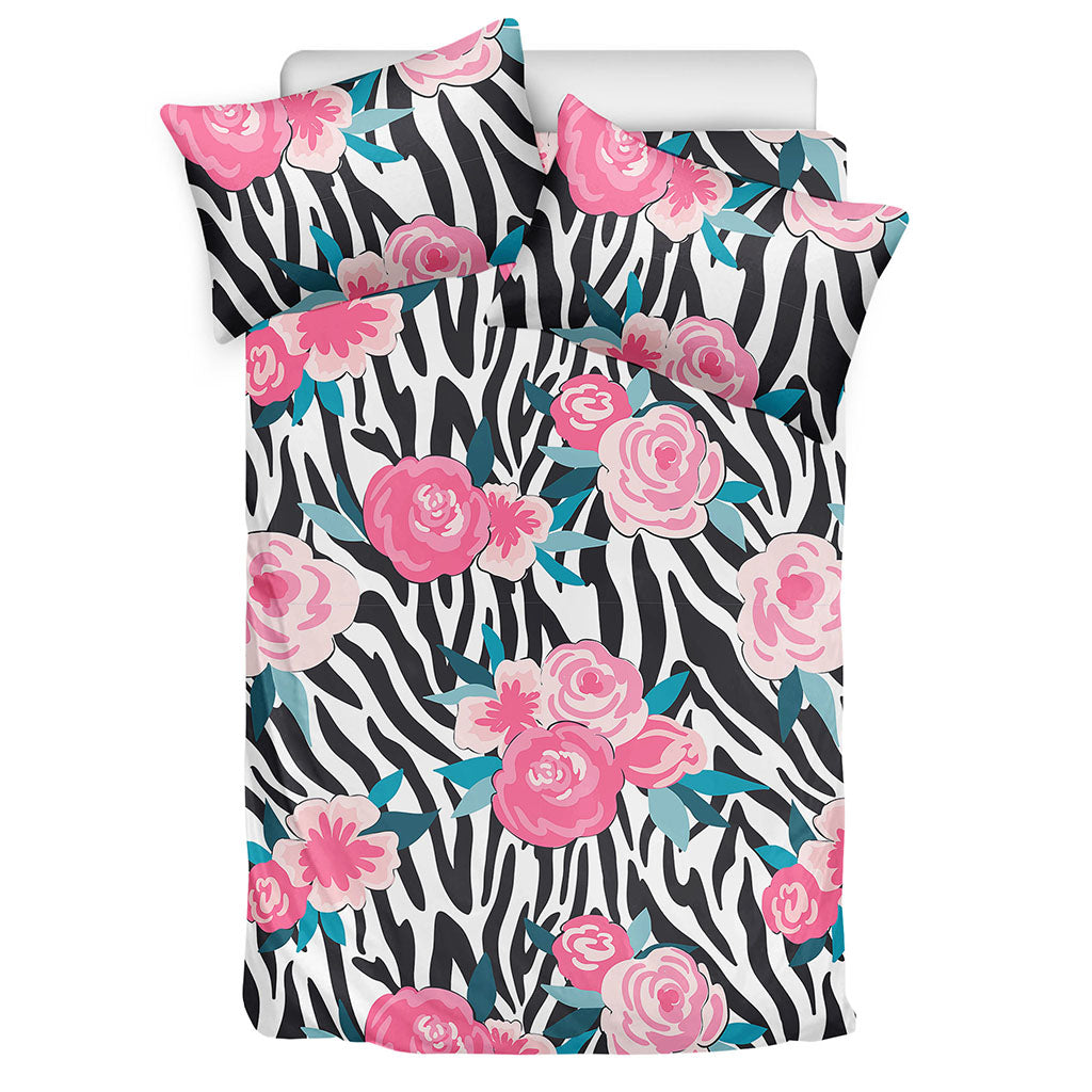 Black White Zebra Floral Pattern Print Duvet Cover Bedding Set