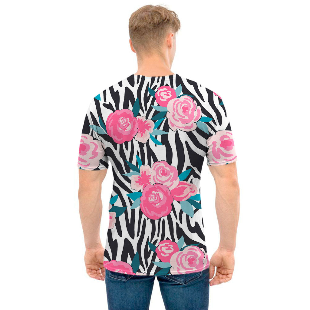 Black White Zebra Floral Pattern Print Men's T-Shirt