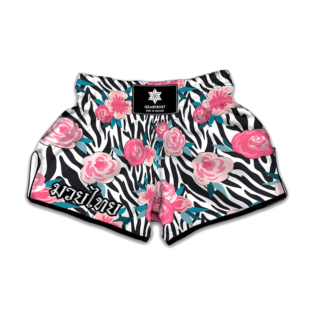 Black White Zebra Floral Pattern Print Muay Thai Boxing Shorts