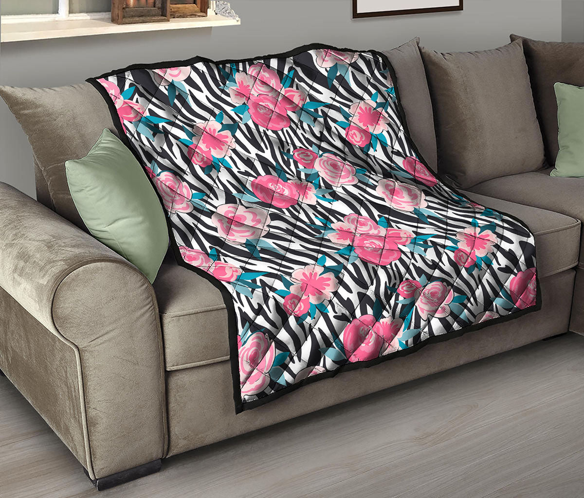 Black White Zebra Floral Pattern Print Quilt