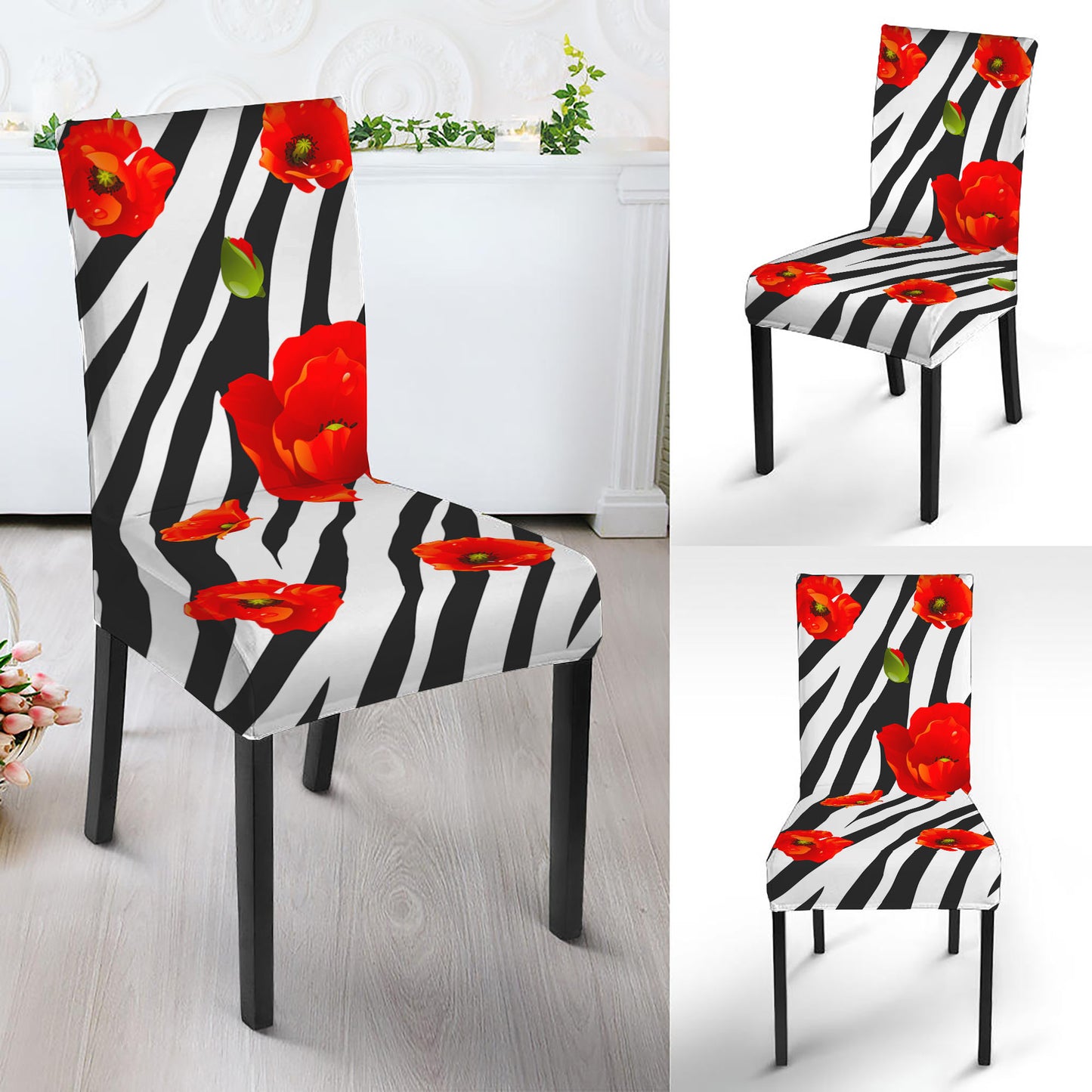 Black White Zebra Flower Pattern Print Dining Chair Slipcover