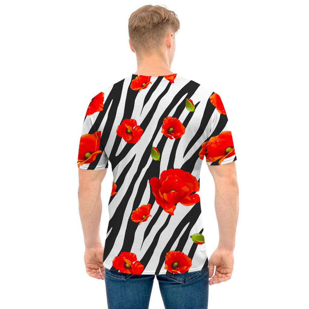 Black White Zebra Flower Pattern Print Men's T-Shirt
