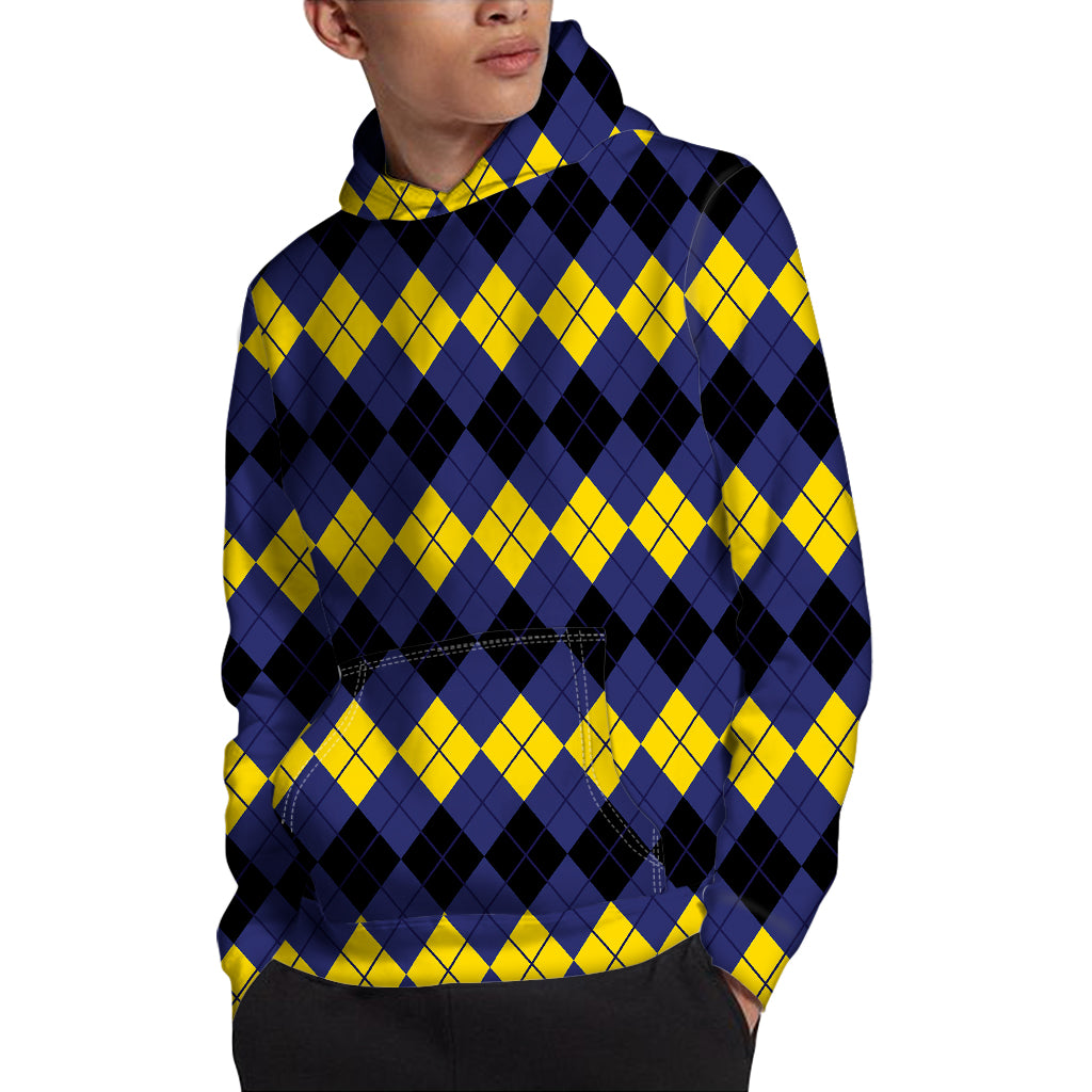 Black Yellow And Blue Argyle Print Pullover Hoodie