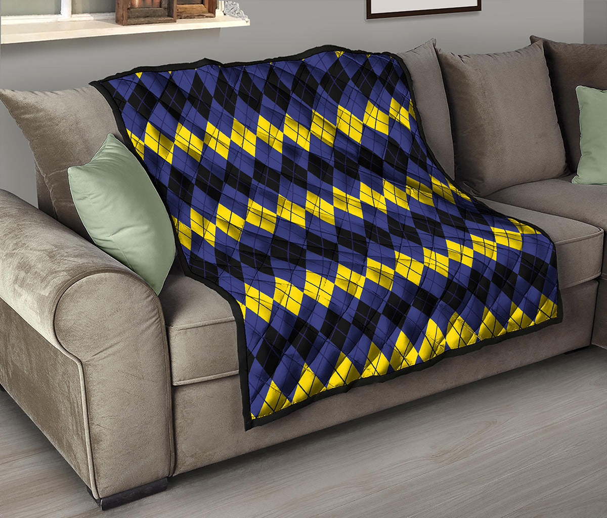 Black Yellow And Blue Argyle Print Quilt
