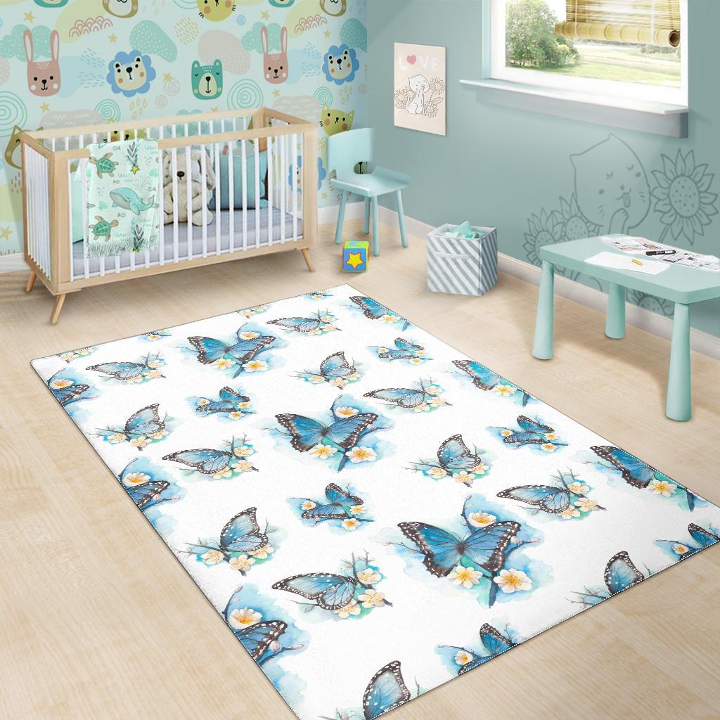 Blossom Blue Butterfly Pattern Print Area Rug GearFrost