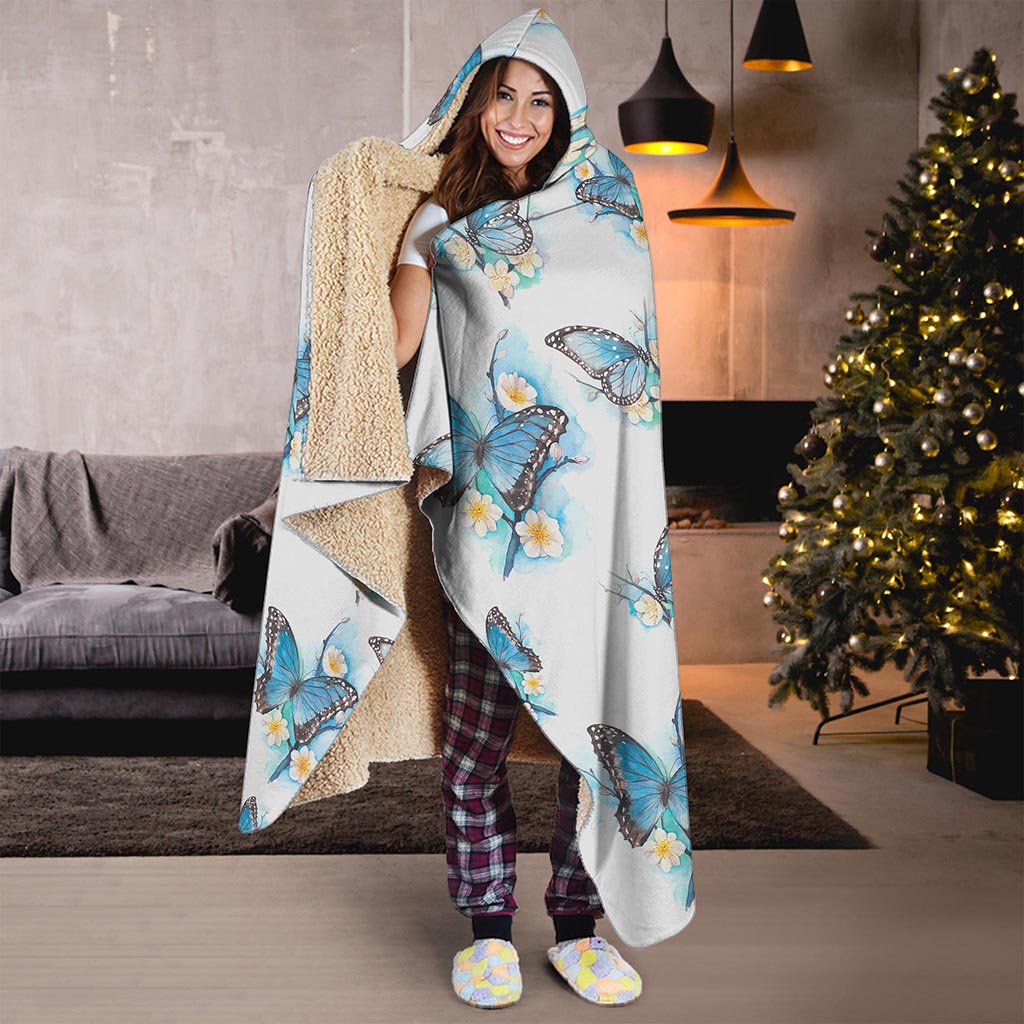Blossom Blue Butterfly Pattern Print Hooded Blanket