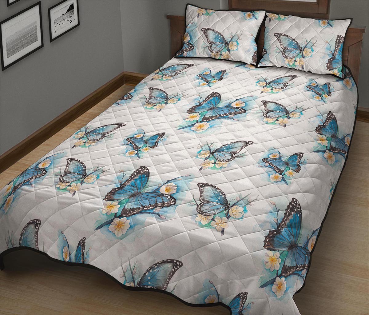 Blossom Blue Butterfly Pattern Print Quilt Bed Set