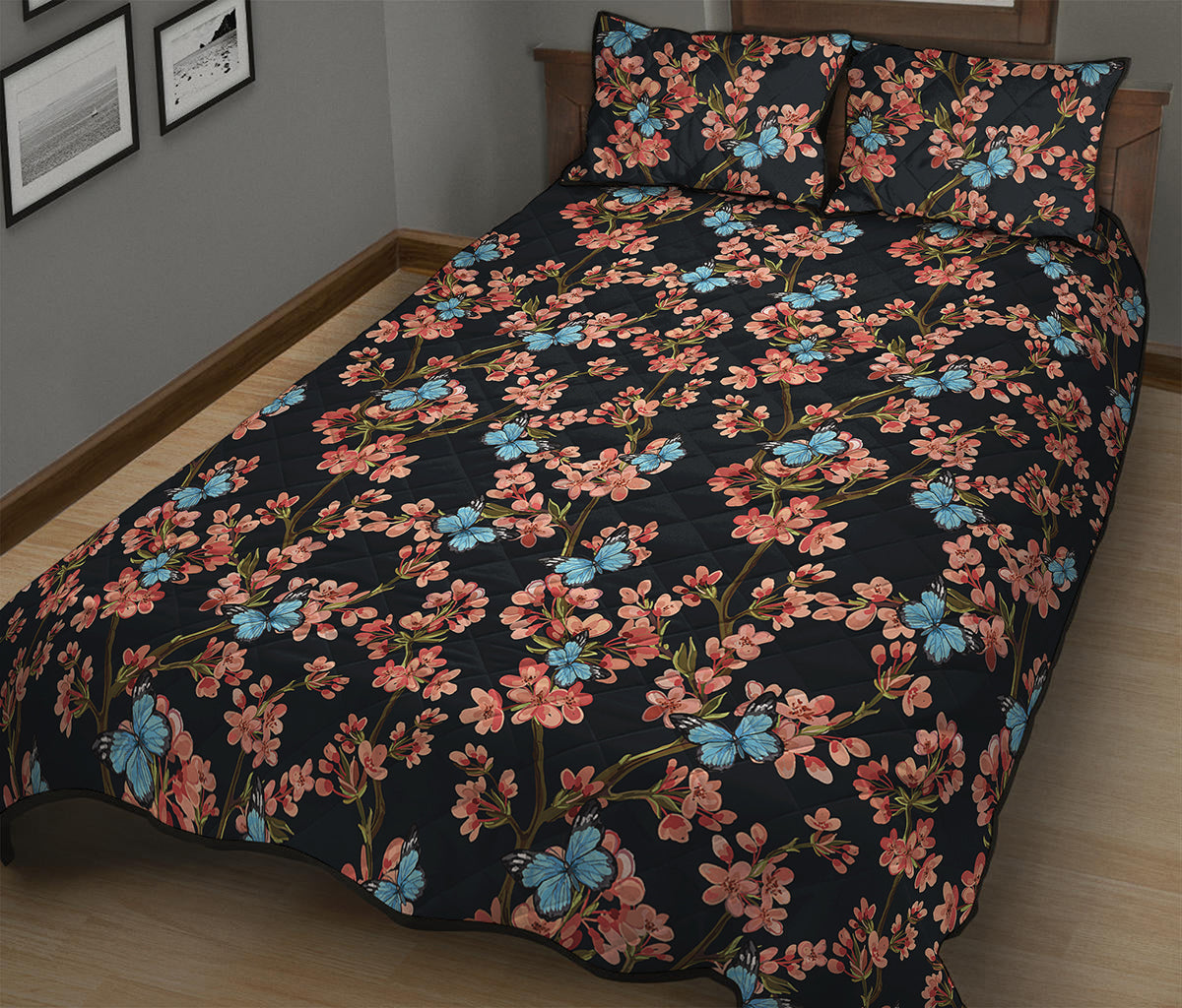 Blossom Flower Butterfly Print Quilt Bed Set