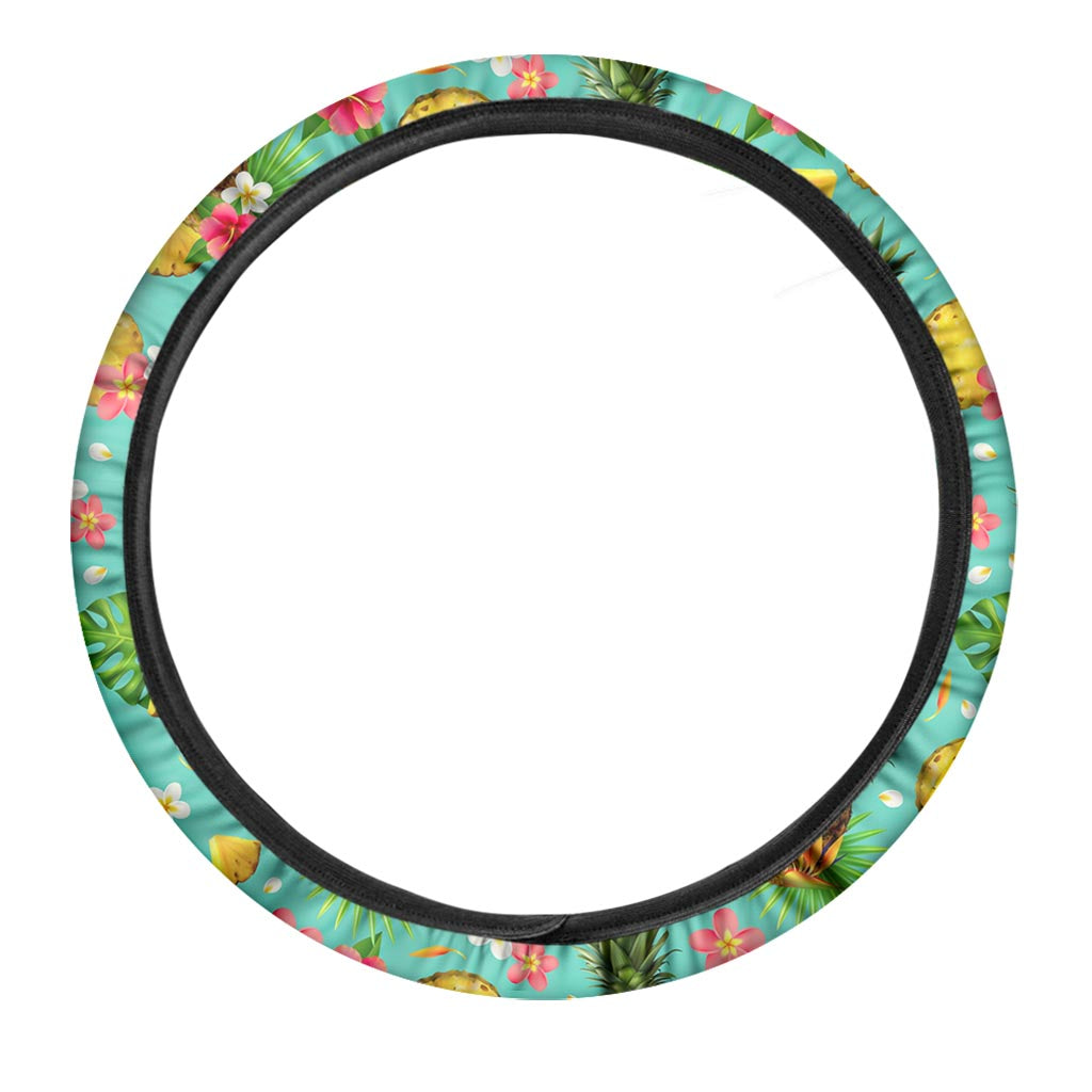 Blue Aloha Pineapple Pattern Print Car Steering Wheel Cover