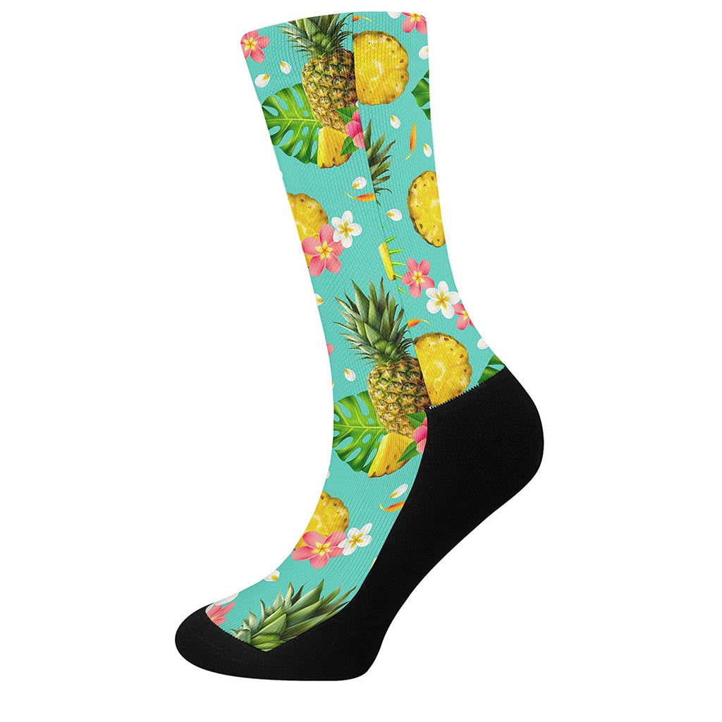 Blue Aloha Pineapple Pattern Print Crew Socks