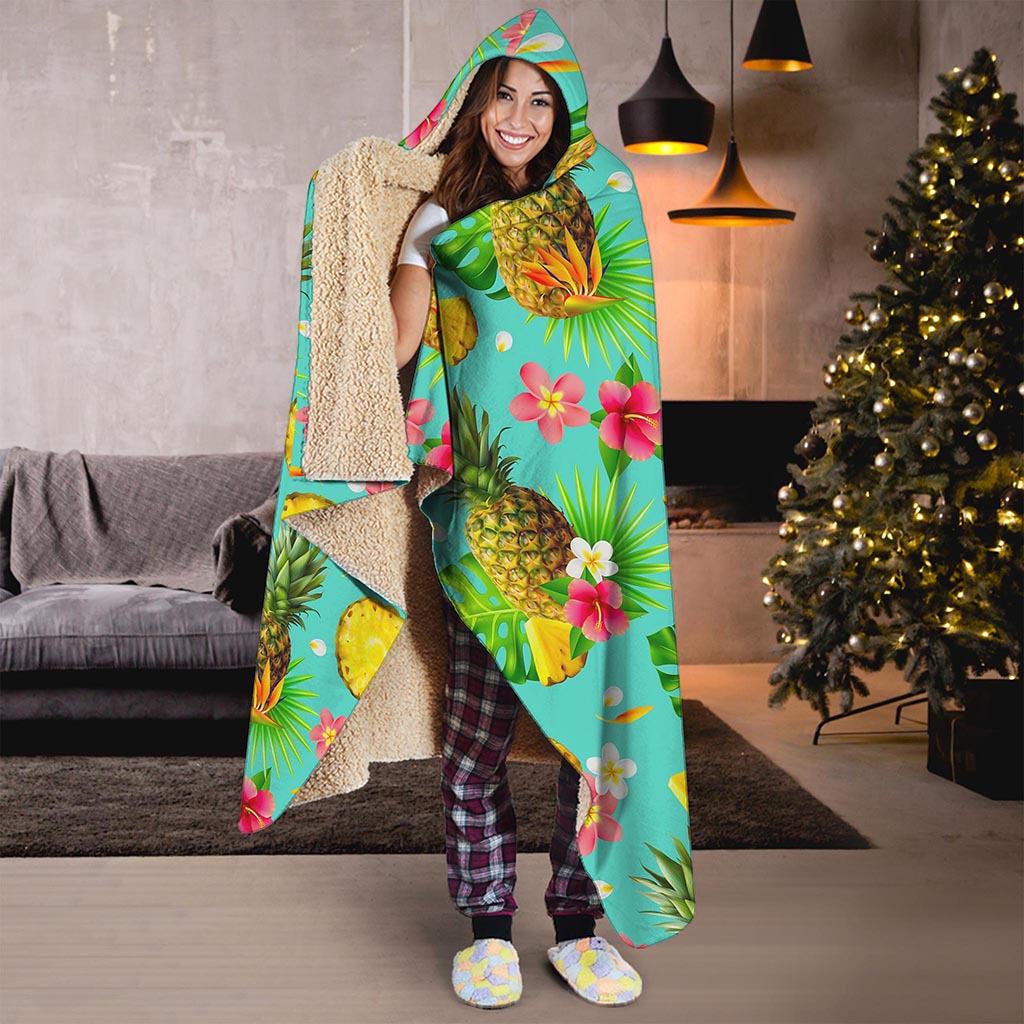 Blue Aloha Pineapple Pattern Print Hooded Blanket