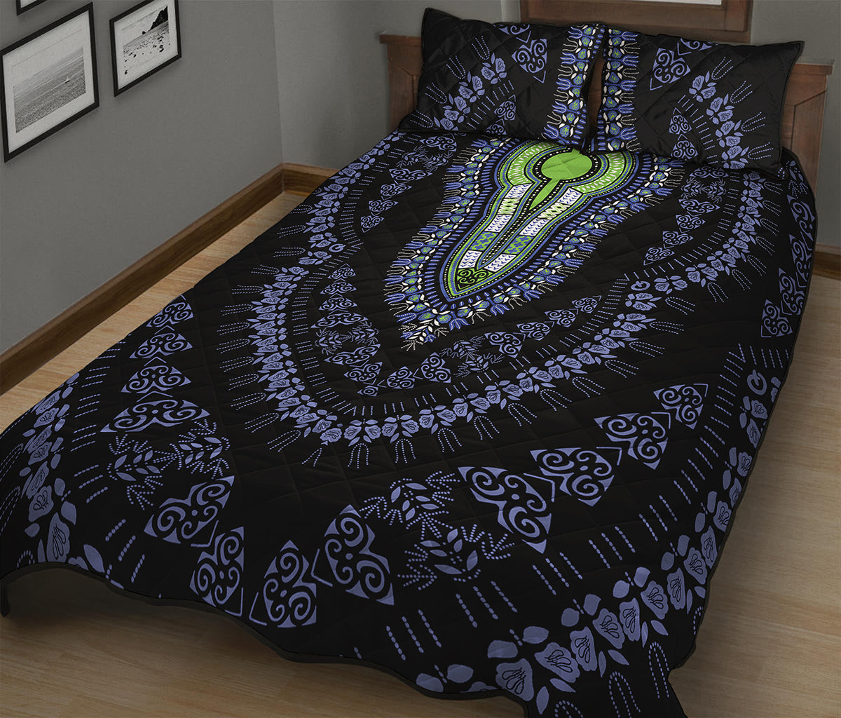 Blue And Black African Dashiki Print Quilt Bed Set