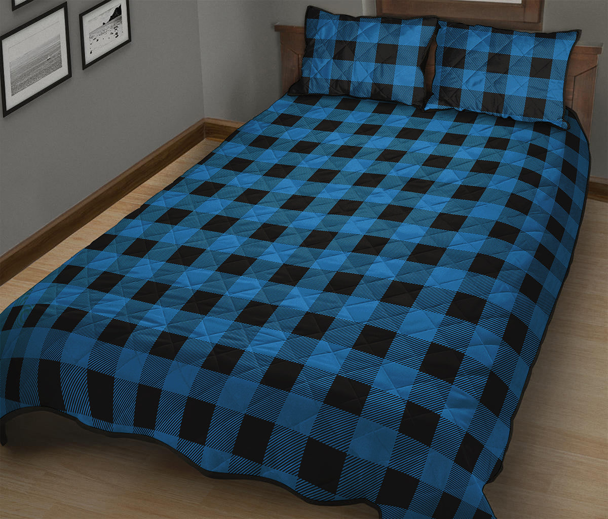 Blue And Black Buffalo Check Print Quilt Bed Set