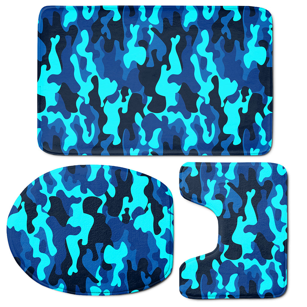 Blue And Black Camouflage Print 3 Piece Bath Mat Set