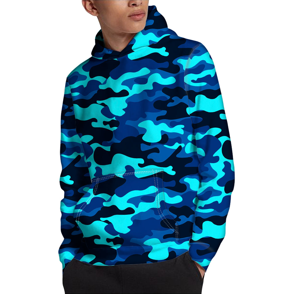 Blue And Black Camouflage Print Pullover Hoodie