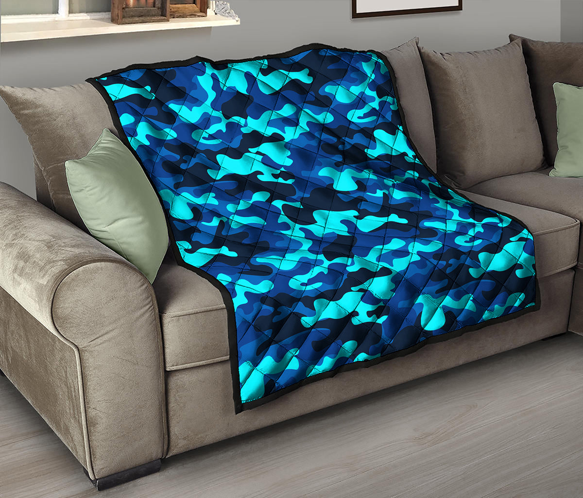 Blue And Black Camouflage Print Quilt