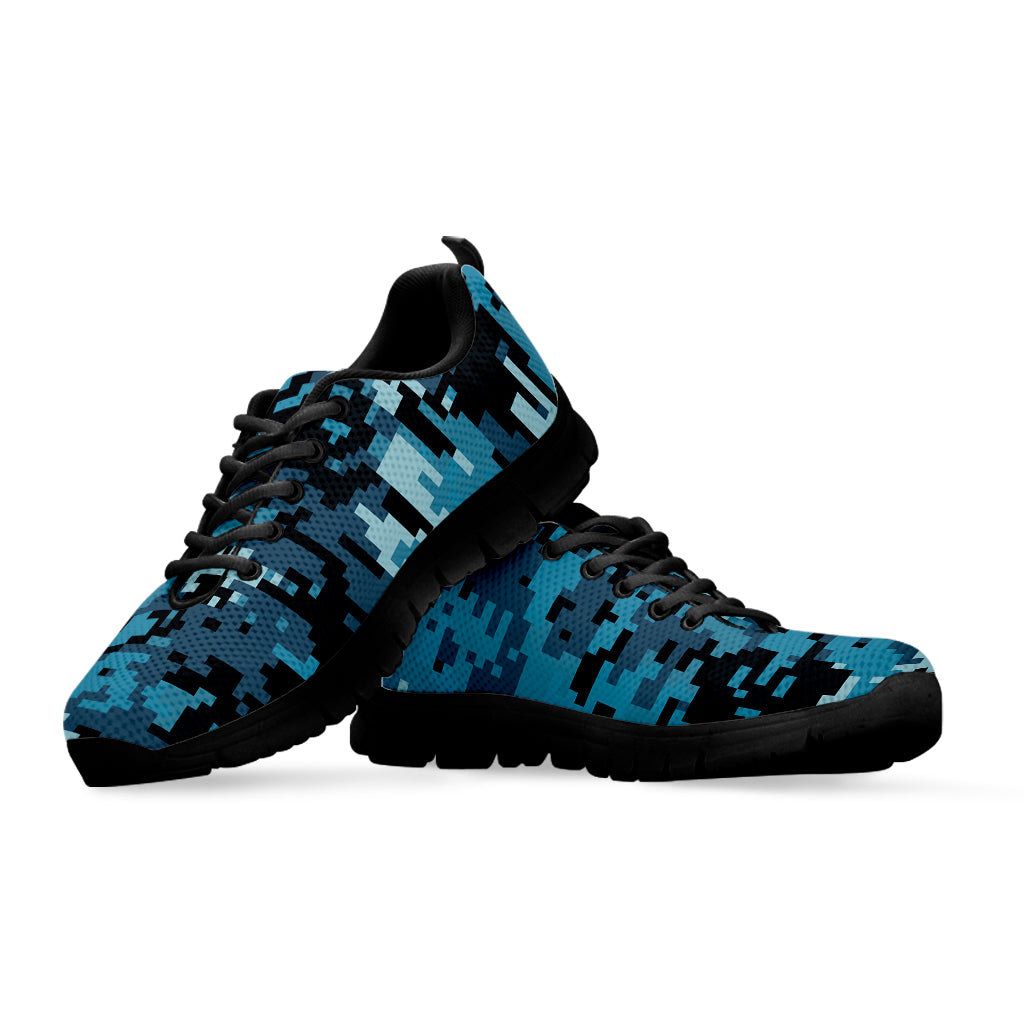 Blue And Black Digital Camo Print Black Sneakers