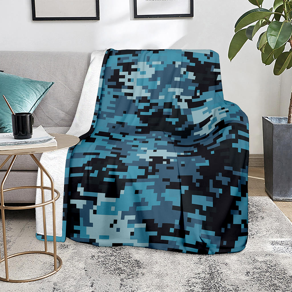 Blue And Black Digital Camo Print Blanket