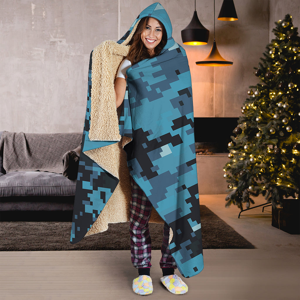 Blue And Black Digital Camo Print Hooded Blanket