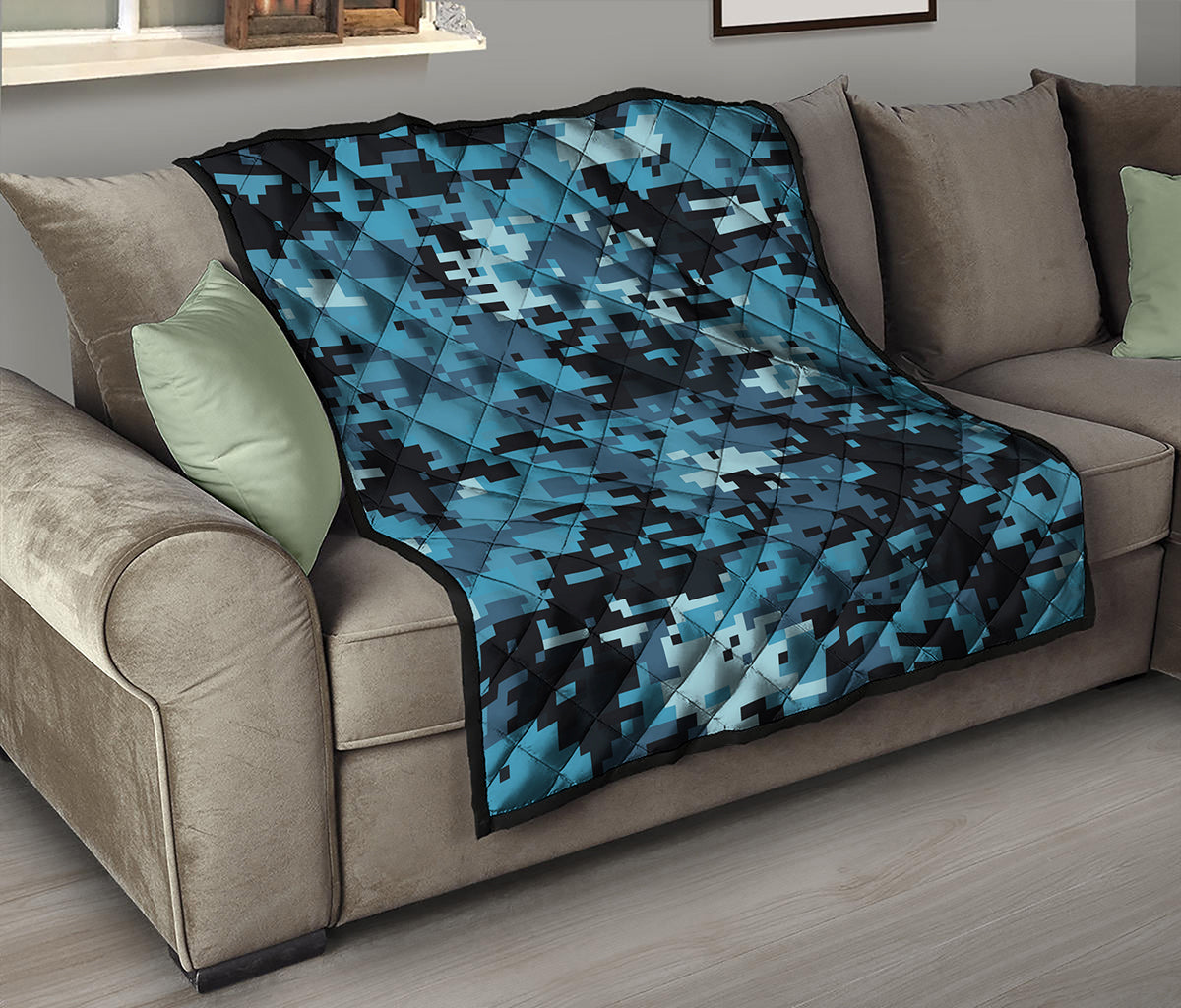 Blue And Black Digital Camo Print Quilt