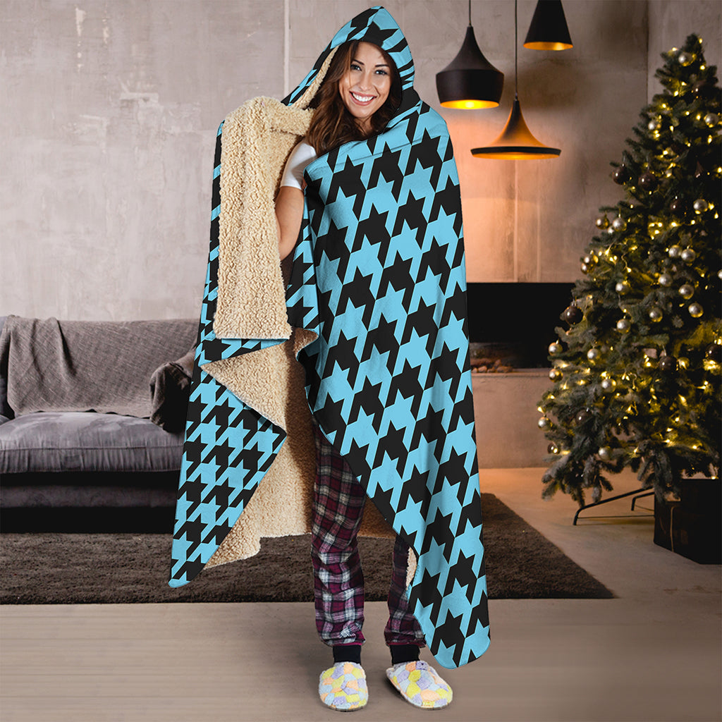 Blue And Black Houndstooth Pattern Print Hooded Blanket