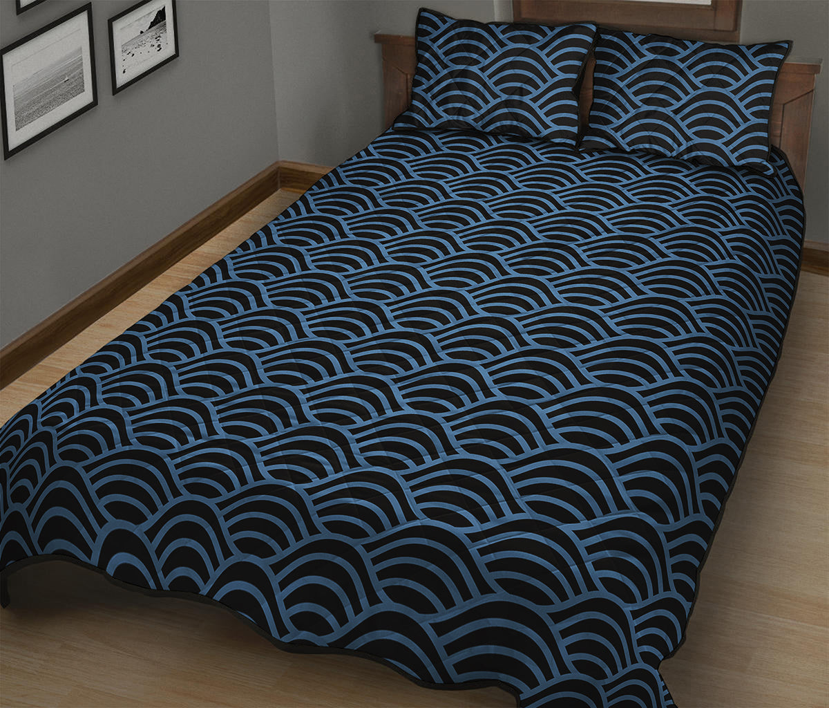 Blue And Black Japanese Pattern Print Quilt Bed Set