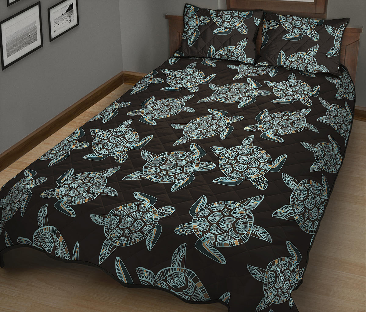Blue And Black Sea Turtle Pattern Print Quilt Bed Set