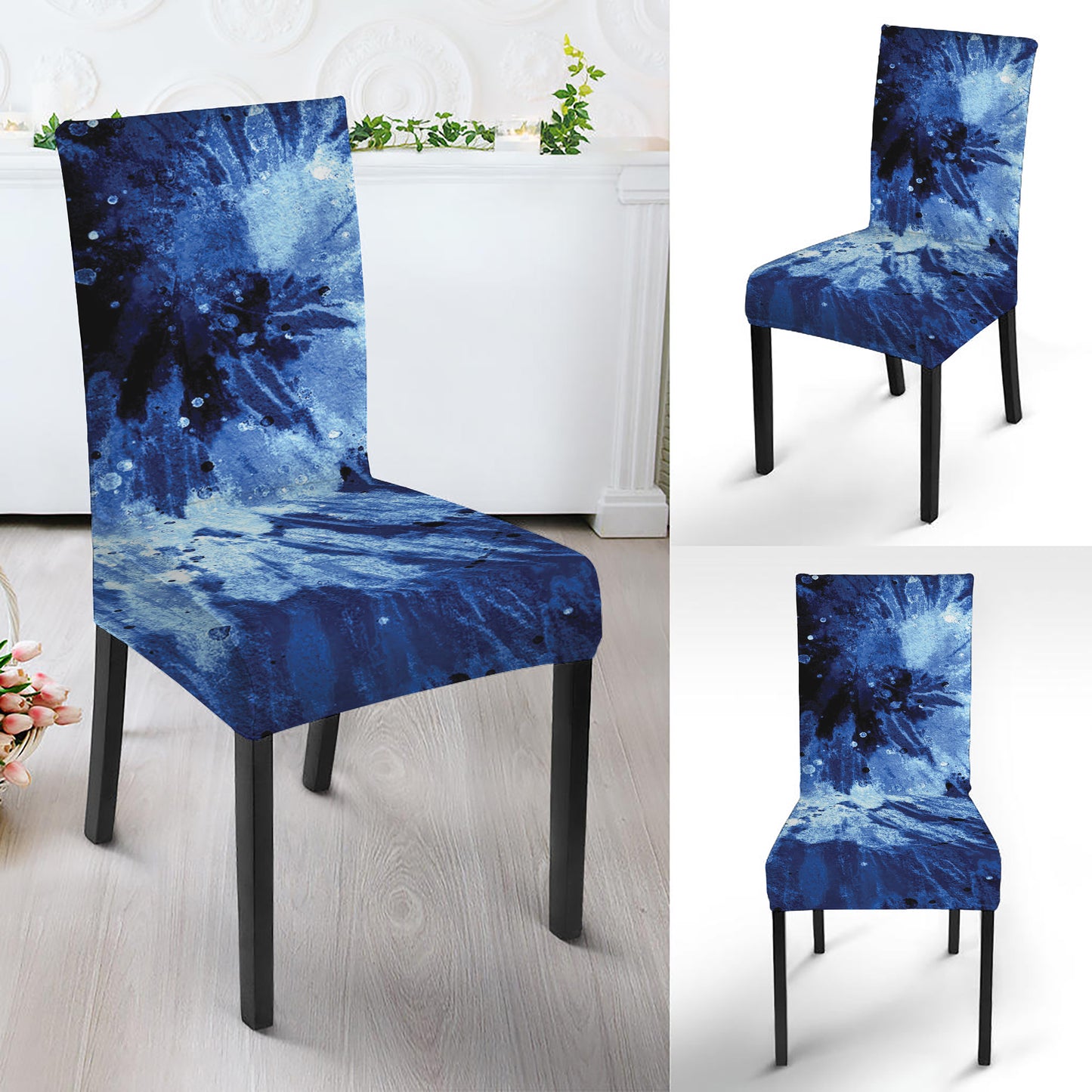 Blue And Black Tie Dye Print Dining Chair Slipcover