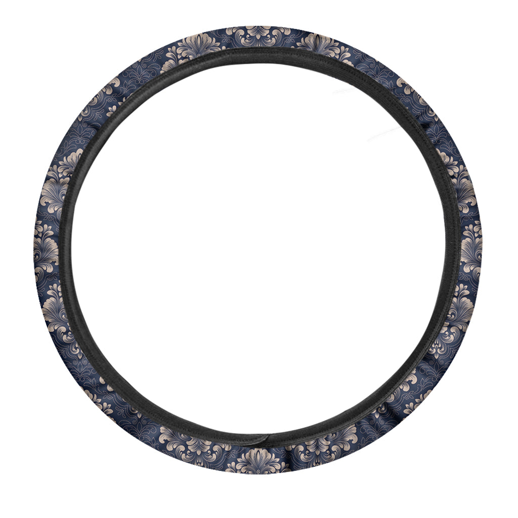Blue And Brown Damask Pattern Print Car Steering Wheel Cover