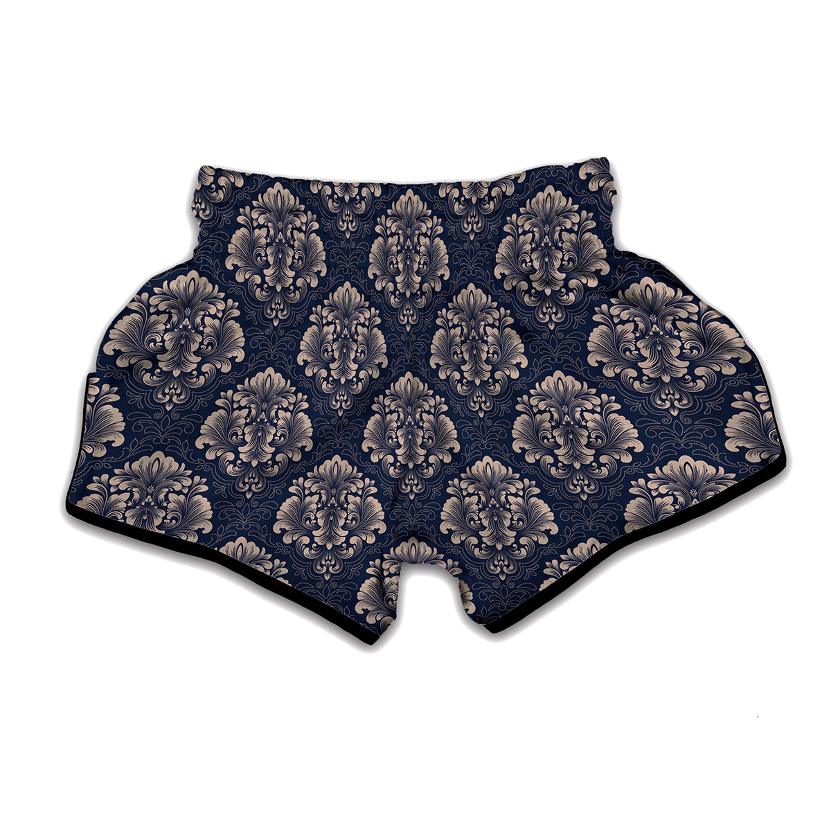 Blue And Brown Damask Pattern Print Muay Thai Boxing Shorts