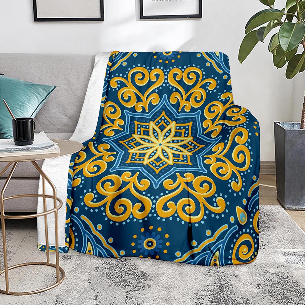 Blue And Gold Bohemian Mandala Print Blanket