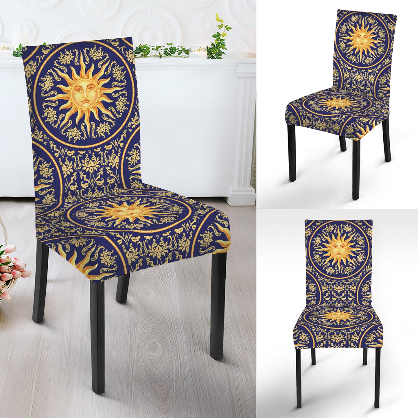 Blue And Gold Celestial Pattern Print Dining Chair Slipcover