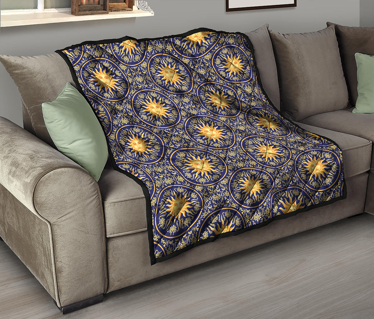 Blue And Gold Celestial Pattern Print Quilt