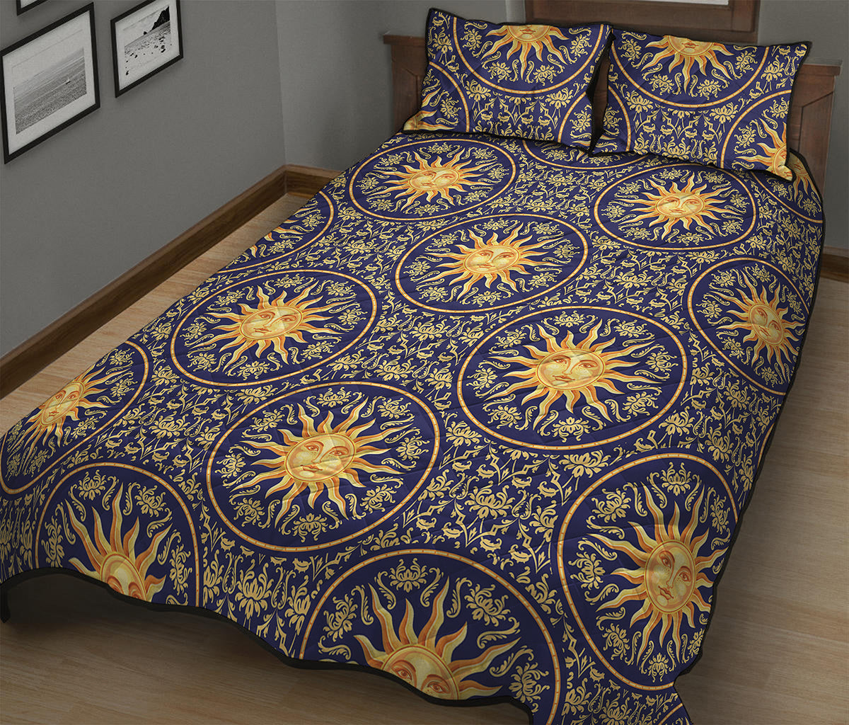 Blue And Gold Celestial Pattern Print Quilt Bed Set