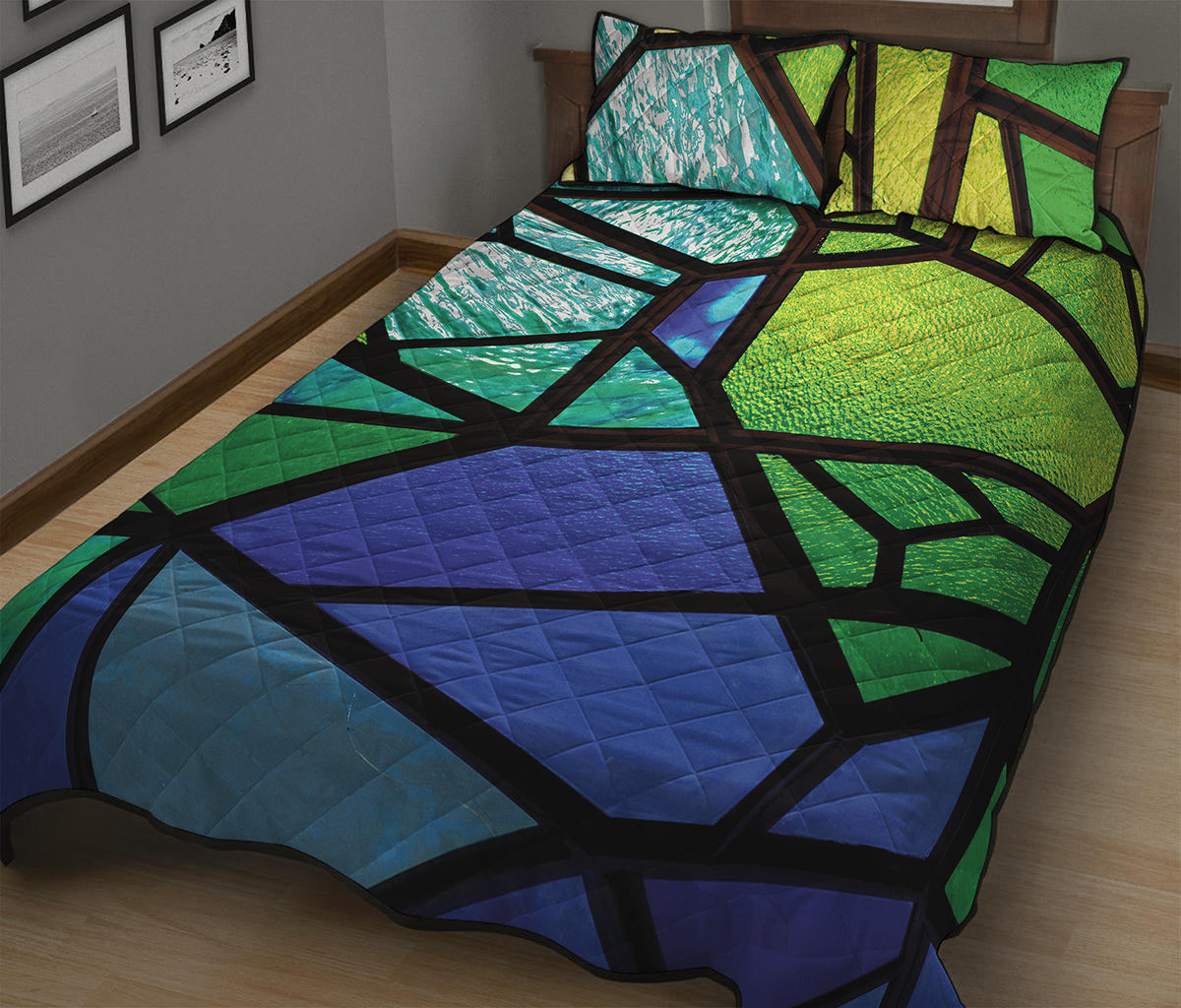 Blue And Green Stained Glass Print Quilt Bed Set