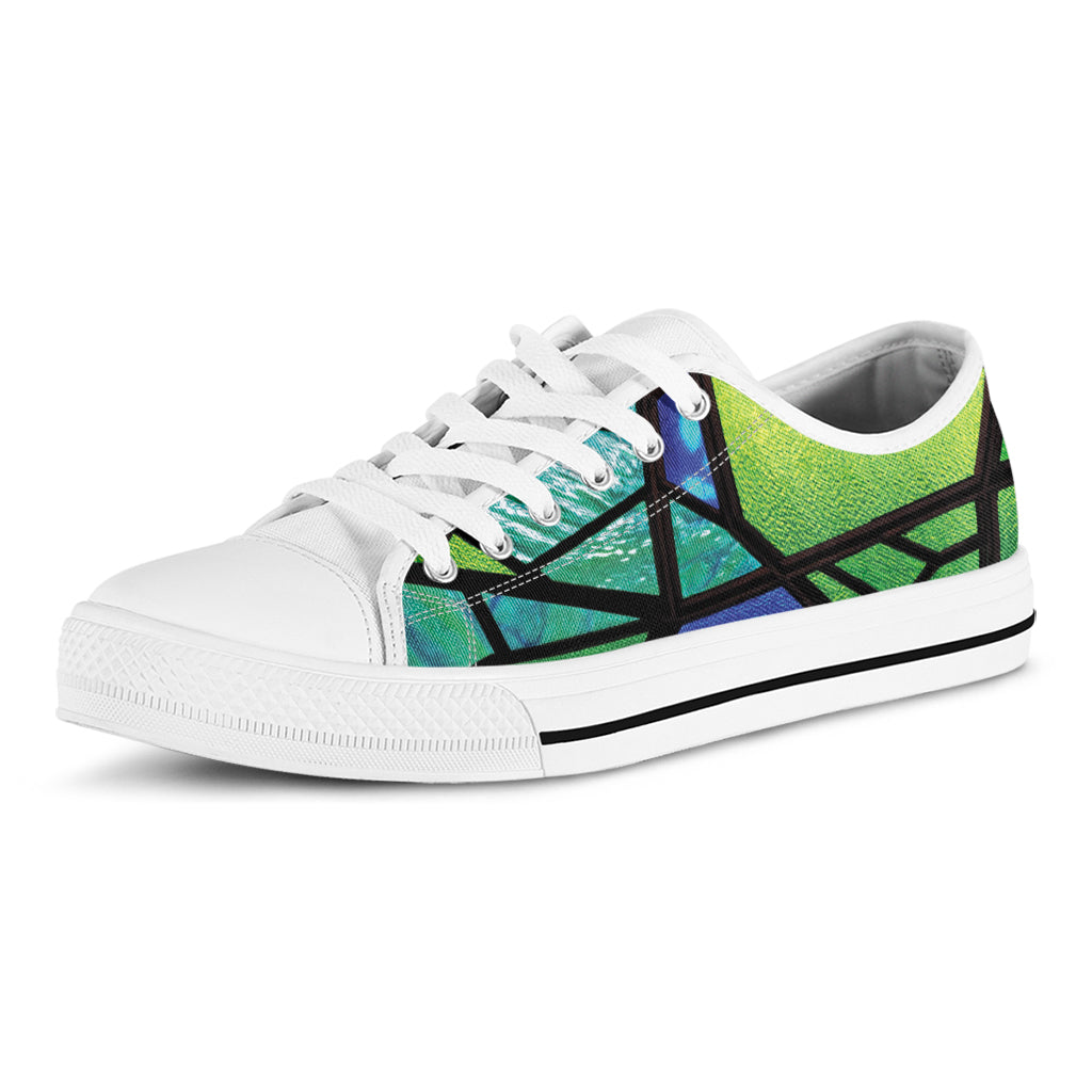 Blue And Green Stained Glass Print White Low Top Shoes