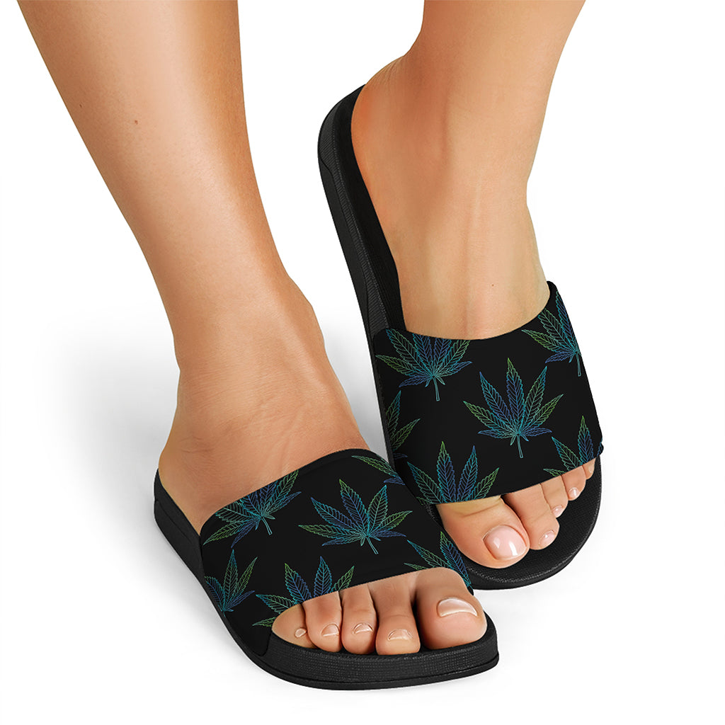 Blue And Green Weed Leaf Pattern Print Black Slide Sandals