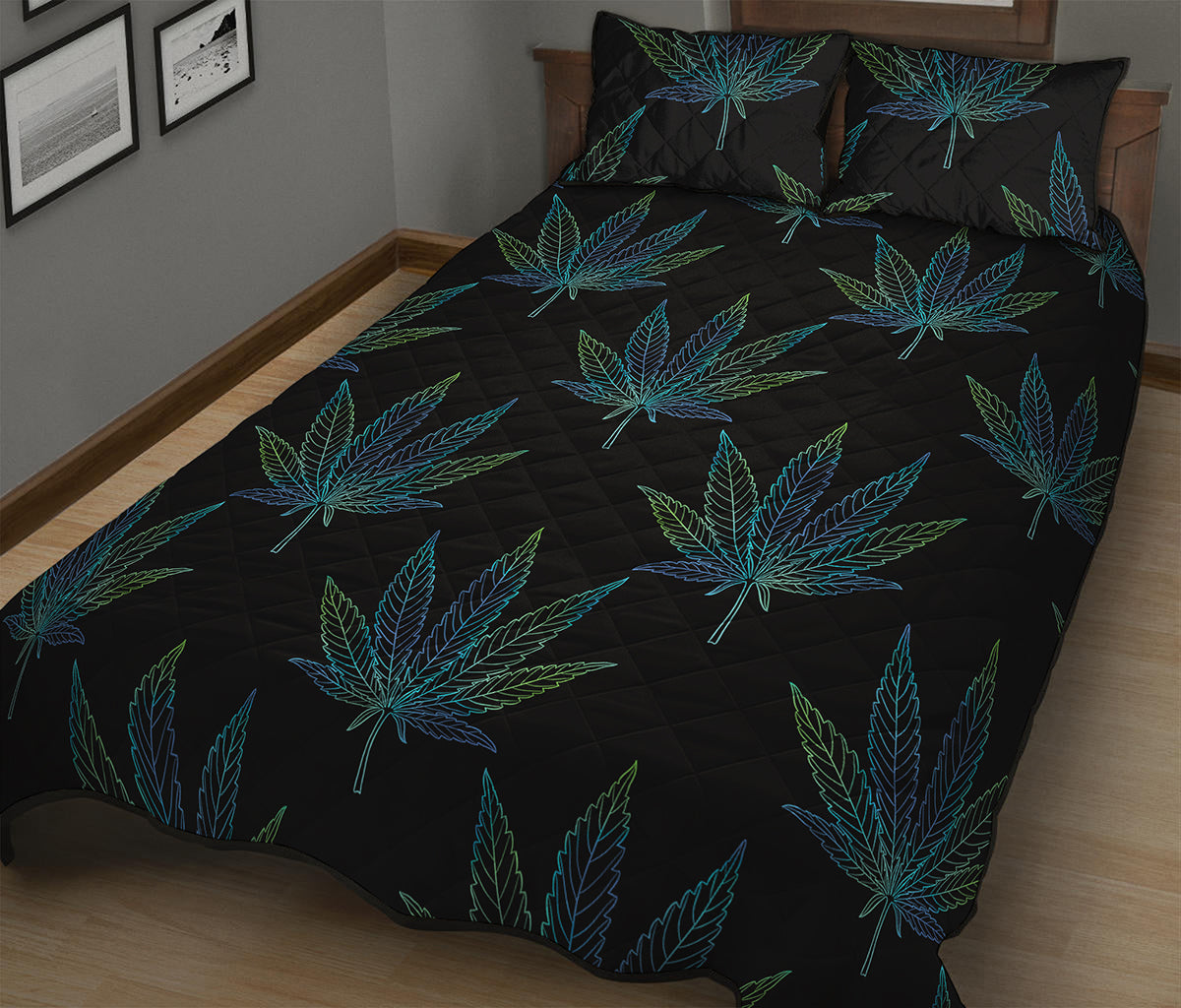 Blue And Green Weed Leaf Pattern Print Quilt Bed Set
