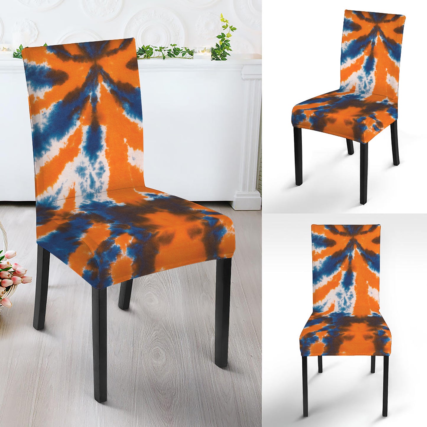 Blue And Orange Spider Tie Dye Print Dining Chair Slipcover
