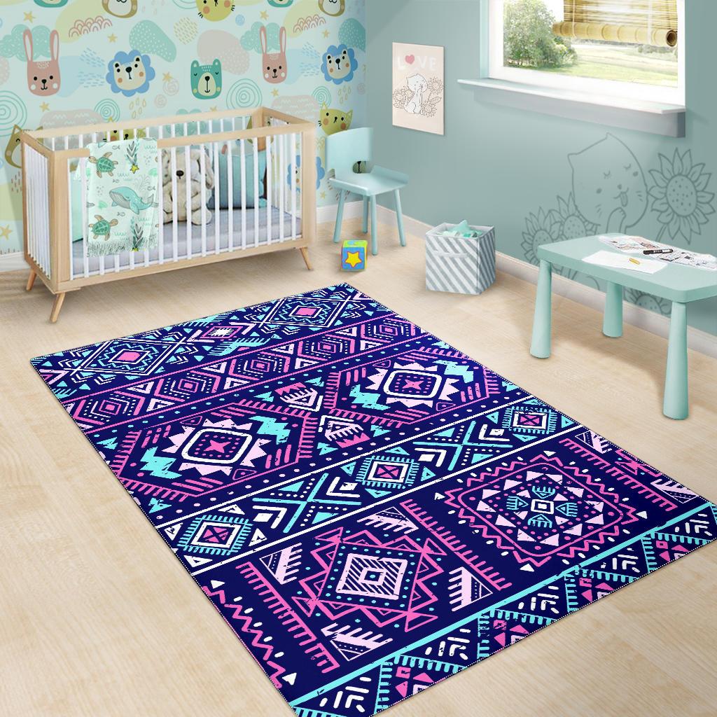 Blue And Pink Aztec Pattern Print Area Rug GearFrost