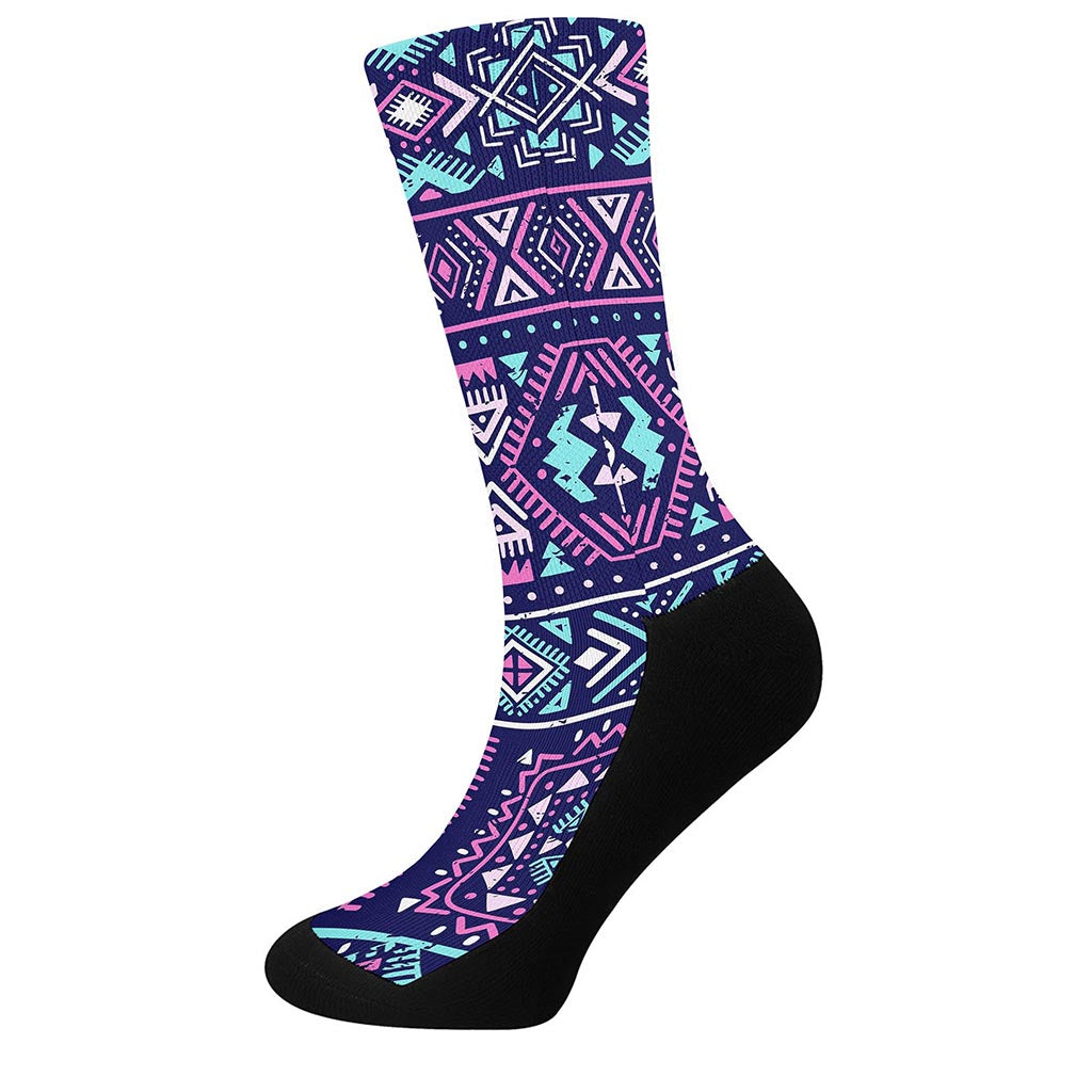 Blue And Pink Aztec Pattern Print Crew Socks