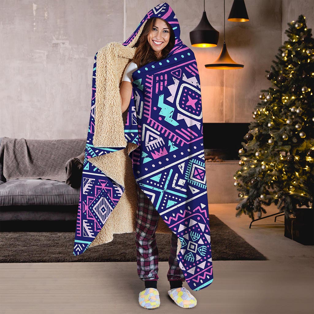 Blue And Pink Aztec Pattern Print Hooded Blanket