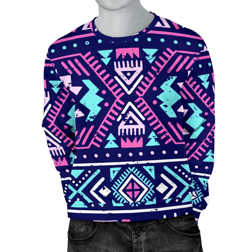 Blue And Pink Aztec Pattern Print Men's Crewneck Sweatshirt GearFrost