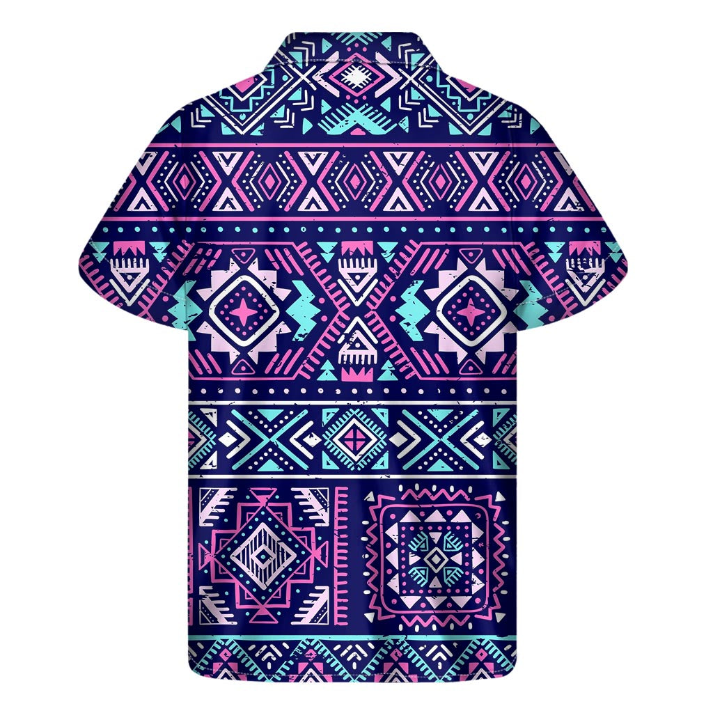 Blue And Pink Aztec Pattern Print Men's Short Sleeve Shirt
