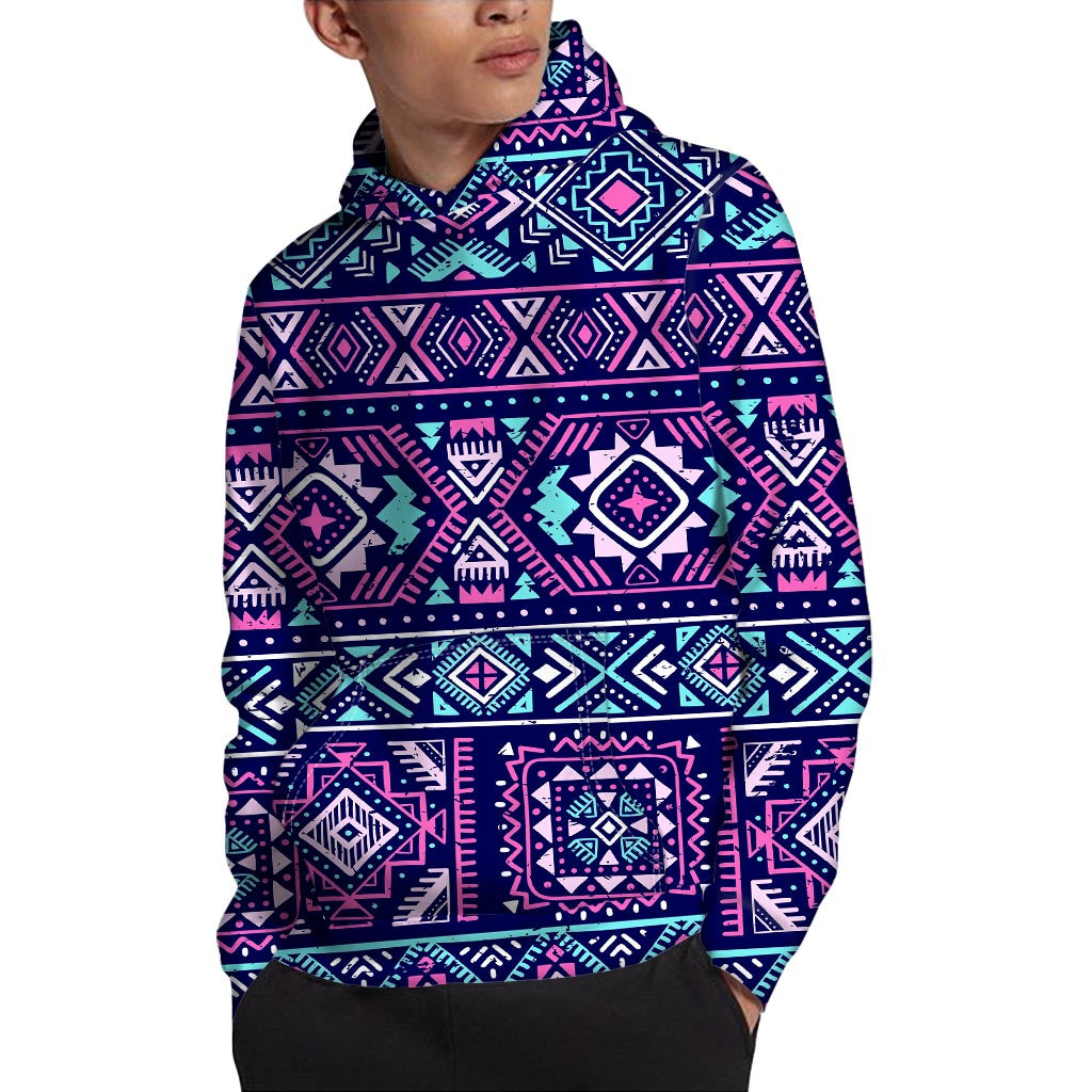 Blue And Pink Aztec Pattern Print Pullover Hoodie