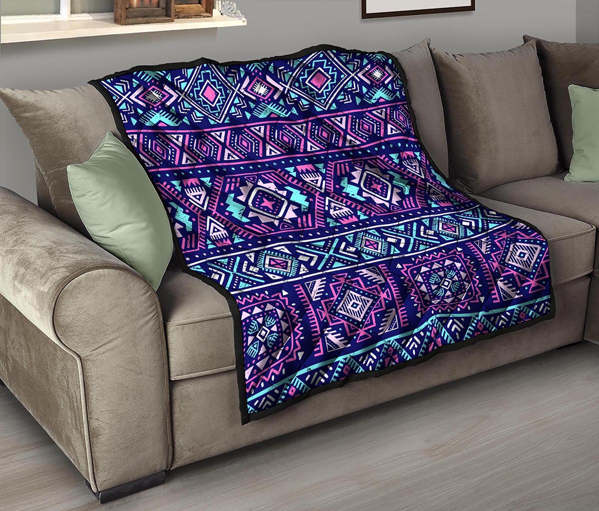 Blue And Pink Aztec Pattern Print Quilt