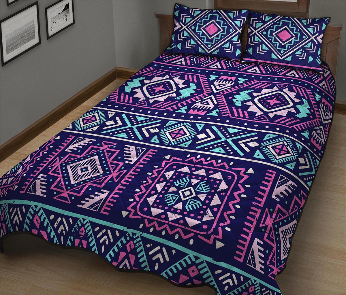 Blue And Pink Aztec Pattern Print Quilt Bed Set